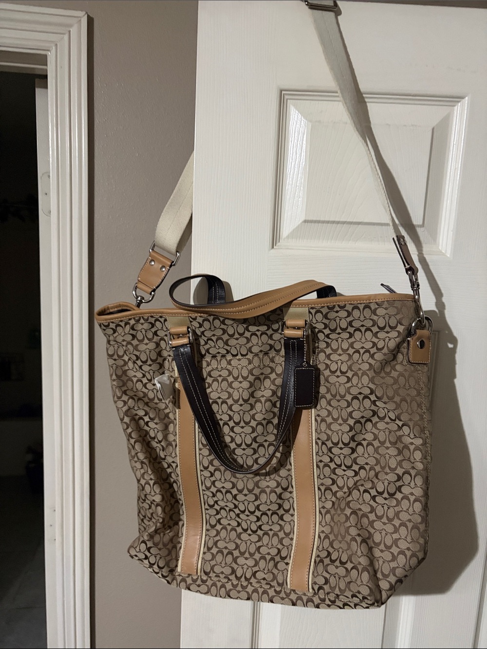 Coach Monogram Canvas Tote with Tan Trim and Dark Brown Handles